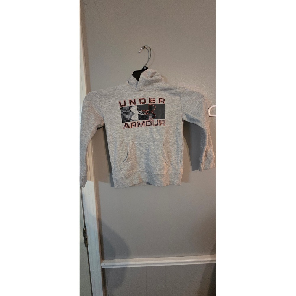 Under Armour Boys Heather Gray Graphic Logo Fleece Hoodie Sweatshirt Size 5
